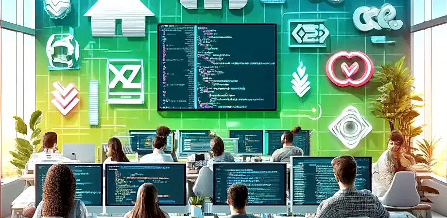 DALL·E 2024-06-01 23.05.18 - A vibrant and modern image featuring a group of 3-4 people collaborating and learning software development in a high-tech environment. The group is se Yazılım gelşitirme, fullstack developer, mobil uygulama, web sitesi, yazılım eğitimleri