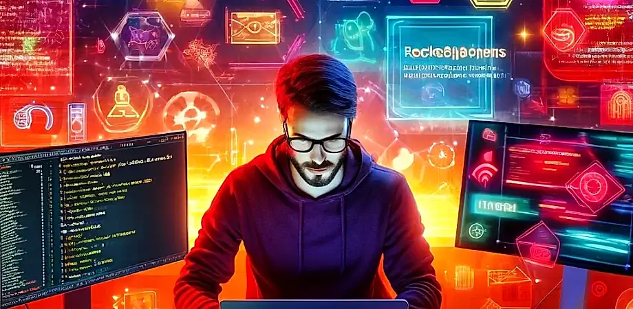DALL·E 2024-06-01 22.41.55 - A vibrant and engaging image featuring a man coding in a colorful and high-tech environment, focusing on frontend development with React, HTML, CSS, a Yazılım gelşitirme, fullstack developer, mobil uygulama, web sitesi, yazılım eğitimleri