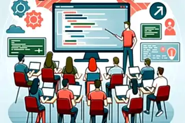 DALL·E 2024-06-02 01.13.30 - A simple and easy-to-understand illustration representing software training. Show a diverse group of students and an instructor in a modern classroom Yazılım gelşitirme, fullstack developer, mobil uygulama, web sitesi, yazılım eğitimleri