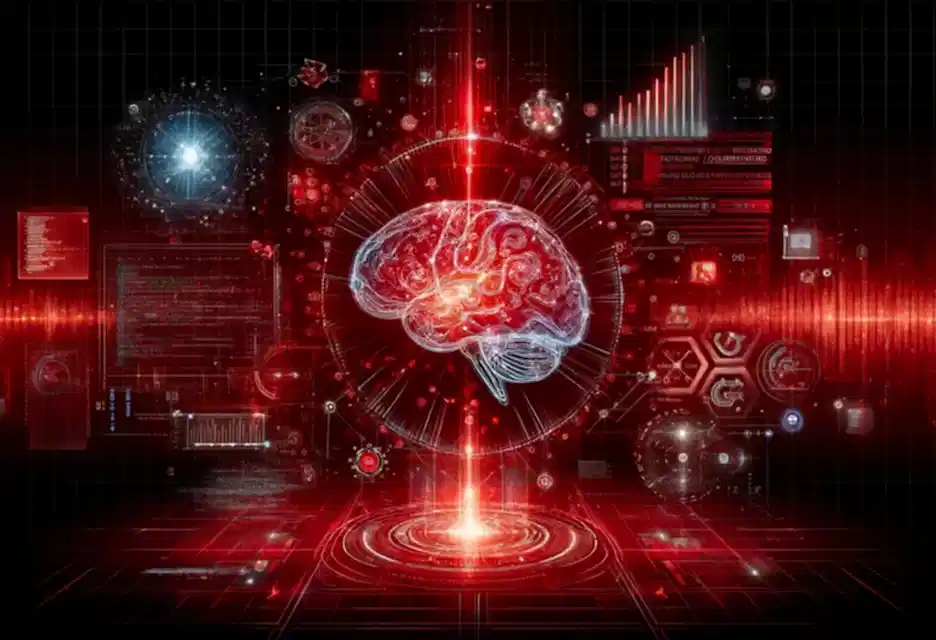 DALL·E 2024-06-01 22.10.41 - A stunning and futuristic image focusing on technology, software development, innovation, and artificial intelligence using red tones with a transpare Yazılım gelşitirme, fullstack developer, mobil uygulama, web sitesi, yazılım eğitimleri