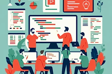 DALL·E 2024-06-02 00.57.12 - A simple and easy-to-understand illustration representing full stack development. Show a small, diverse team of male and female developers collaborati Yazılım gelşitirme, fullstack developer, mobil uygulama, web sitesi, yazılım eğitimleri