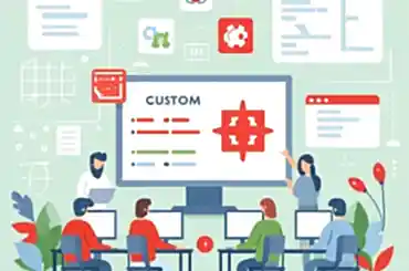 DALL·E 2024-06-01 23.42.14 - A simple and easy-to-understand illustration representing custom software development. Show a small, diverse team of male and female developers collab Yazılım gelşitirme, fullstack developer, mobil uygulama, web sitesi, yazılım eğitimleri