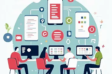 DALL·E 2024-06-01 23.59.13 - A simple and easy-to-understand illustration representing mobile application development. Show a small, diverse team of male and female developers col Yazılım gelşitirme, fullstack developer, mobil uygulama, web sitesi, yazılım eğitimleri