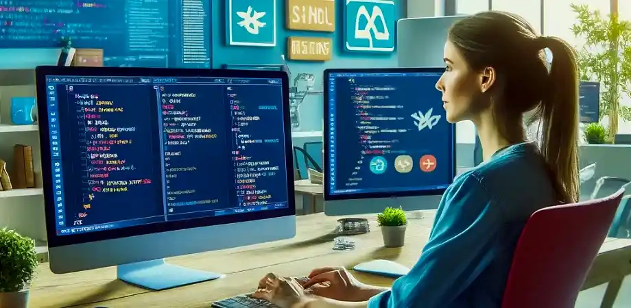 DALL·E 2024-06-01 23.03.29 - A vibrant and modern image featuring a woman coding in a high-tech environment, focusing on software development with a balanced atmosphere of thought Yazılım gelşitirme, fullstack developer, mobil uygulama, web sitesi, yazılım eğitimleri